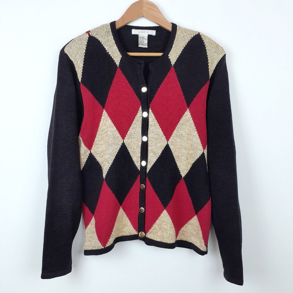 Vintage Retro Argyle Cardigan, Size M. Red Black Gold Diamond Glam Button Up